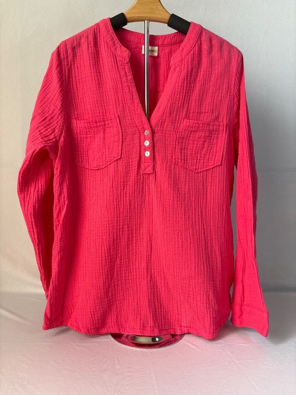 Organic Textured Gauzy Cotton Hot Pink Tunic Shirt Large Beachy Resort Vacation